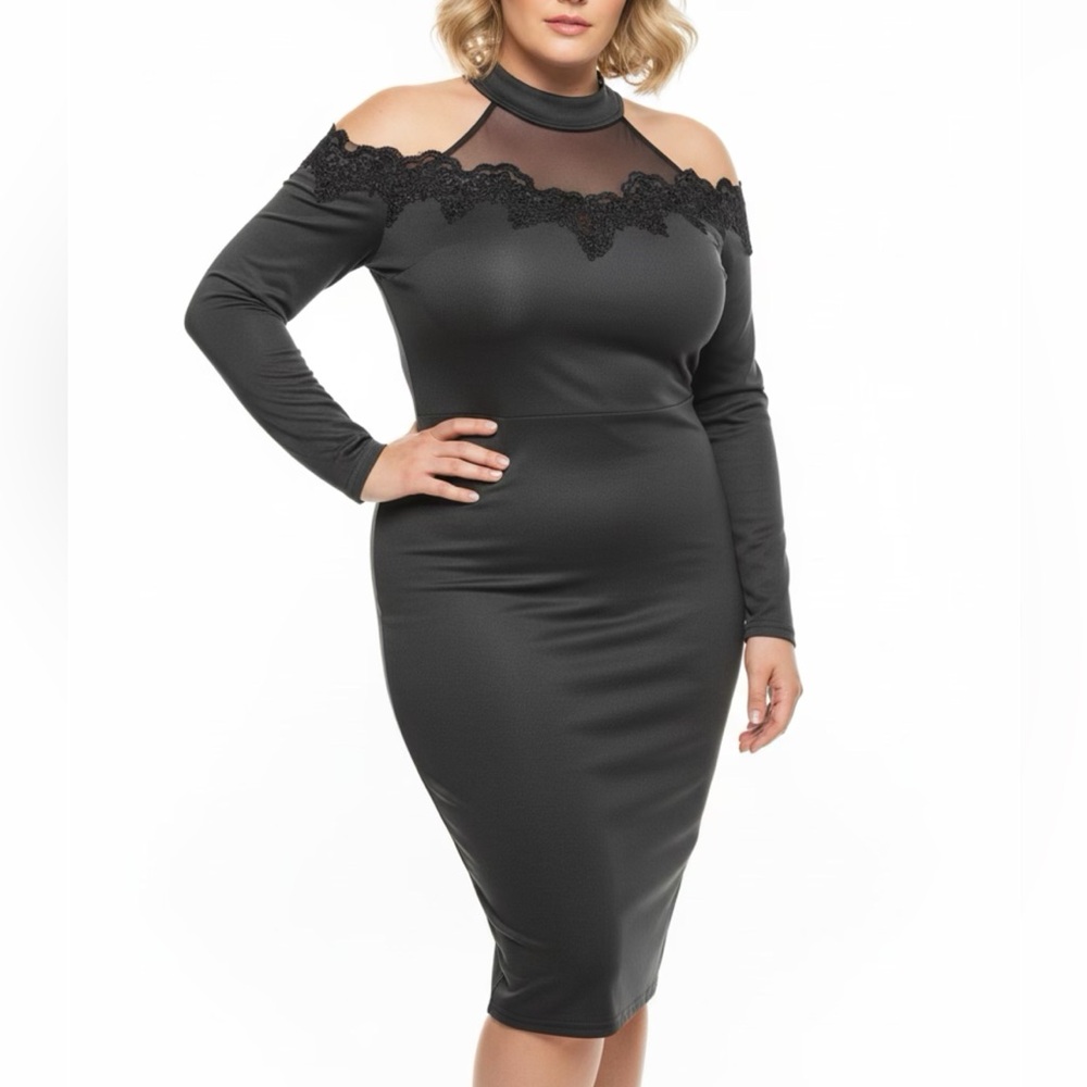 BCBG Women’s Black Lace Cold-Shoulder Bodycon Dress